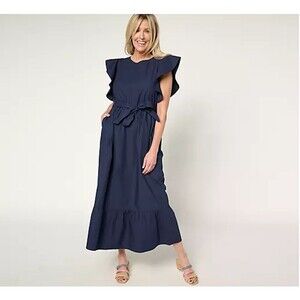 Me By Jennie Garth Dress Womens Medium Navy Palmetto Cotton Maxi Belted Poplin
